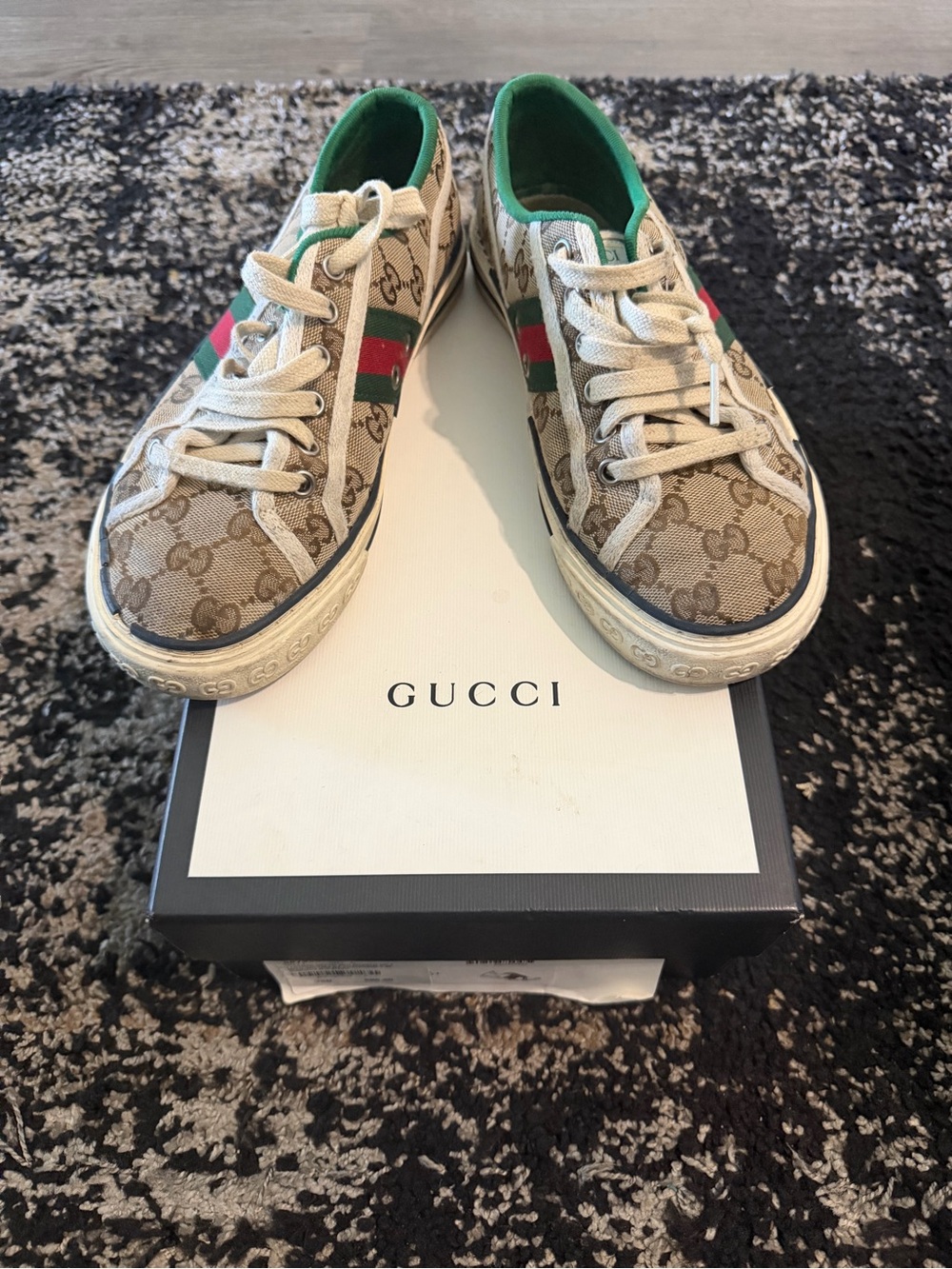 Gucci Beige GG Canvas Sneakers with Green & Red Web and Green Lining
